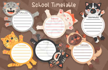 School timetable vector template of education schedule with cute cats. Student chart or study planner with cartoon cat, kitten or kitty animals with funny faces and paws, black and white spots, bow