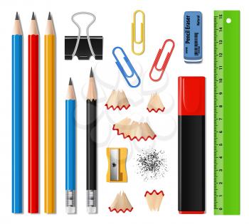 School supplies and office stationery realistic vector design. Pencils, sharpener and eraser or rubber, marker pen, ruler, paper clips and pencil shavings, writing instruments and drawing items