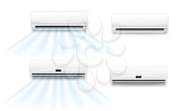 Air conditioner vector mockups with cold or hot wind flow. Realistic air conditioning split system indoor units with opened horizontal louvers and display panels, climate control for home or office