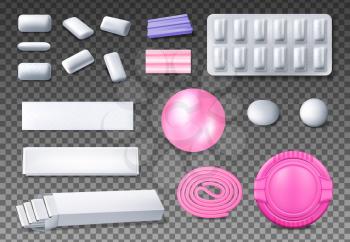 Chewing gum package vector mockups. Realistic bubblegum bubble, blister pack of mint or menthol pads, sticks and ribbon gum, coated dragee, pillows, pellets, tabs, plastic box and foil wrapping paper