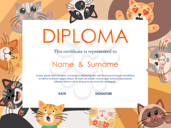 Diploma vector template with kids education certificate of preschool, kindergarten or elementary school graduation in frame of cute cats and kittens. Graduate diploma design with kitty animals