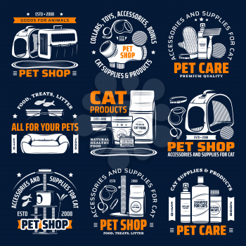 Pet shop supplies for cat animal care isolated vector icons. Cat food, toy and bed, grooming accessory, brush, carrier and house, scratching post, feeding bowl, litter, harness and leash symbols