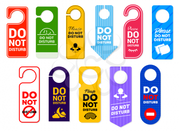 Do not disturb vector signs of hotel room door hanger tags, handle labels or knob cards with warning messages and prohibition symbols. Door hanger signs for motel, spa resort, office and clinic