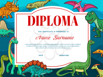 Certificate vector template of kids education diploma in frame of dinosaur animals. Elementary school, kindergarten and preschool award of graduation achievements with dinos and jurassic monsters
