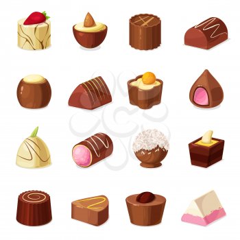 Chocolate candies and truffle desserts, vector sweet food. Chocolate candies with nut praline, caramel and coffee cream, cocoa powder and coconut shavings, almond, peanut and custard fillings