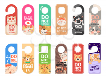 Do not disturb door hanger vector signs, tags or labels with cute cat animals. Hotel room door handle or knob hanging cards with sleeping kittens, playing kitties and warning messages of keep silence