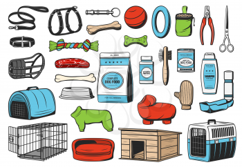 Dog animal care, vector icons of pet shop. Dog or puppy food, toys and grooming accessories, feeding bowl, collar and leash, kennel, bed, carrier and harness, brush and shampoo