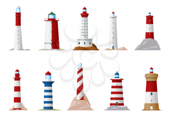 Nautical lighthouse and sea navigation beacon isolated icons. Vector lighthouse towers on ocean coast or marine shore with searchlight lamps and balustrade fence, nautical navigation equipment symbols