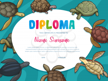 Diploma certificate of kids education vector template. Diploma of school, preschool or kindergarten graduation and achievement award with frame of turtles, water and terrapin reptiles background