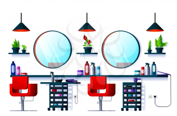 Interior of hair or beauty salon, barber shop or spa. Vector room with hairdresser chairs, mirrors and haircut equipment, hair dryers, iron and scissors, hairdressing service, hairstylist saloon interior design