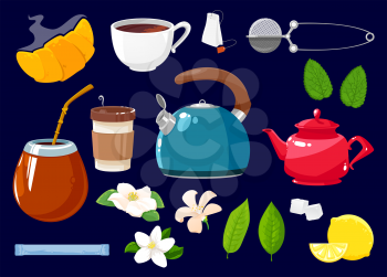 Tea icons isolated vector set of flowers, croissant, green or black tea plant and mint leaves. Cane sugar cubes and pack, teapot and cup. Lemon, potter and white blossoms with strainer cartoon objects
