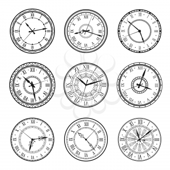 Vintage clock faces, vector retro watch dials signs. Ornate watchface with clock hands, roman numerals and antique ornament design. Elegant classic hour time symbols, isolated monochrome icons set