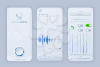 Neomorphic interface for vector music player mobile application. UI recorder app play, pause, remote buttons, equalizer sound wave, music audio frequency waveform. Digital player studio graphs panel