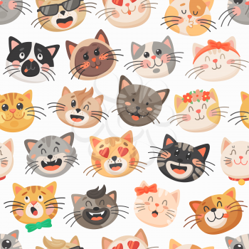 Cute cats vector seamless pattern, kitten muzzles with bows, flower wreath and neck ties on white background. Cartoon animal faces, kids design for fabric or wrapping paper. Funny kawaii cats pattern