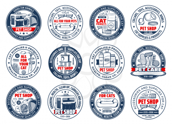 Cats care isolated vector icons. Pet shop accessories and supplies, goods for animals round signs. Food, carrier bag, toys, collars and bowls, grooming and health care for cats, zoo store stuff set