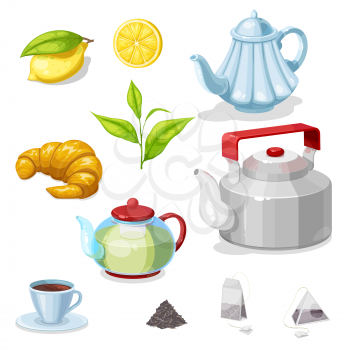 Tea vector set with green leaves, cup or mug of hot beverage, teapots and bags of black and herbal tea, kettle, croissant and lemon. Breakfast drink, pastry dessert and kitchen utensils design