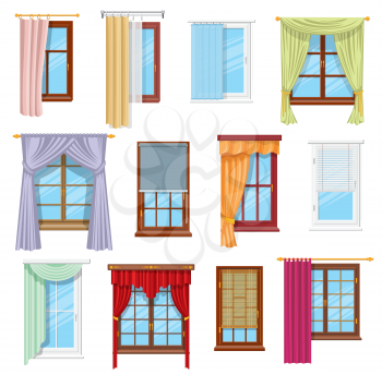 Window curtains, draperies, roller blinds and shades, vector home interior and window treatments design. Flat panel, tab top and sash curtains with rods and valances, vertical, venetian, roman blinds