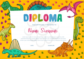 Kids diploma certificate template, vector education graduation award with cartoon dinosaurs. Preschool student achievement or appreciation certificate with background frame of t-rex dinos, triceratops