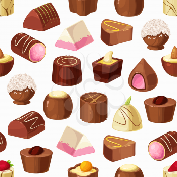 Chocolate candies seamless pattern of sweet food vector background. Truffle desserts, white, milk and dark chocolate with nut praline, caramel, cocoa powder and coffee cream, coconut and nougat