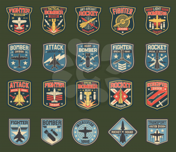 Army chevrons, vector stripes for fighter squadron, tactical, heavy and light bomber division, anti-aircraft rocket. Attack aircraft, special squad, interceptor, aviation transport army insignia icons