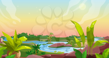 Game background of cartoon nature landscape, vector ui and gui with forest, ground, sky, green grass meadow, palm trees and river water, rocks and jungle plants. User interface, game animation design