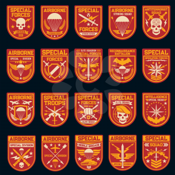Military and army patches of special operation, air and airborne forces. Vector icons of skull, shield, airplane and parachute, rank, star and arrow, sword, wing, weapon and aircraft