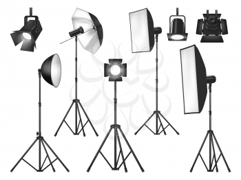 Photo studio lighting equipment and lights isolated vector objects. Realistic 3d spotlights and tripod stands with flash lamp, reflector and softbox, umbrella and floodlight, photographer lighting kit