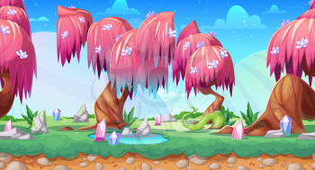 Fantasy game landscape, vector seamless background with cartoon fairy forest. Game ui animation of alien world jungle trees, ground and grass, treasure crystals and magic stones, pink leaves, flowers