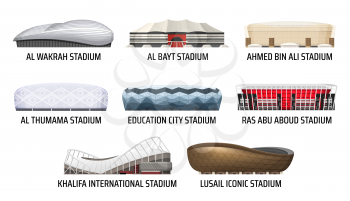 Stadium and sport arena building isolated vector icons of soccer, football, baseball, hockey and basketball games. Stadium exteriors with covered and open play fields, modern glass facades and roofs
