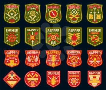 Sapper or combat engineer vector military patches and army badges. Military engineering isolated icons with castle, wings, shovel and axe, hand grenade, sword and arrow, rank, star and cogwheel