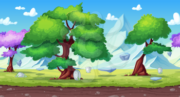 Game seamless background with fantasy nature landscape, vector design of ui or gui animation. Cartoon scene with ground, trees, green grass and mountains, blue sky, clouds and floating stone platforms