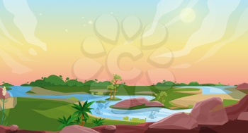 Nature landscape cartoon vector background of game animation, user interface or ui design. Ground, sky, forest trees and grass meadow levels with river, sun and clouds, rocks and tropical plants