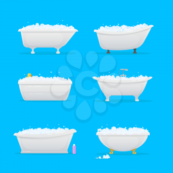 Bathroom bathtubs or tubs cartoon vector. White clowfoot tubs, roll rim and slipper bathtubs with bubbles of bath foam or soap, rubber duck, shower tap and claw feet, bathroom or spa interior design