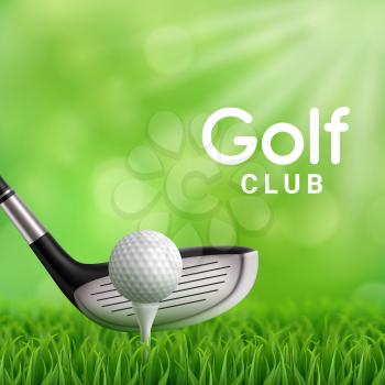 Golf club, ball and tee on grass field realistic vector design of golf sport game club. 3d iron pitching wedge hitting golfball on green lawn of putting green. Sport competition tournament poster