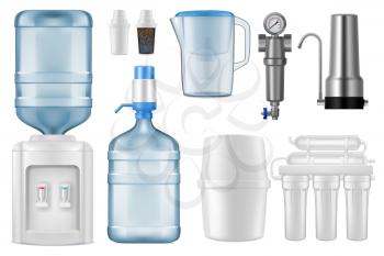 Water filter realistic vector mockups. 3d filtration jug and purification system of reverse osmosis with storage tank, filter tap and cartridges, cooler, bottle with pump, filtration equipment design