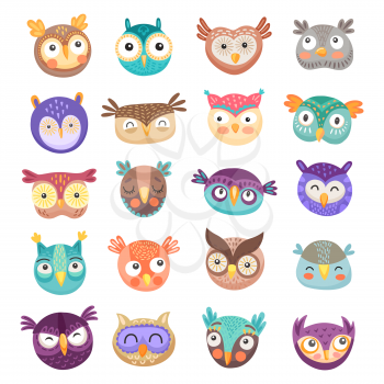 Owl and owlet faces cartoon vector of cute birds of prey with colorful feathers and funny big eyes. Happy barn, eagle and long eared owls for children comic emoji, emoticon or avatar design