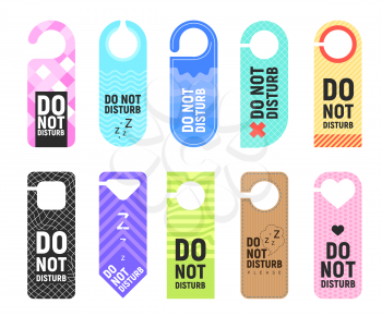 Do not disturb vector signs of door hanger, hotel room hanging card, tag or label templates. Door knob or handle cardboard signs with geometric pattern and warning messages, motel or resort design