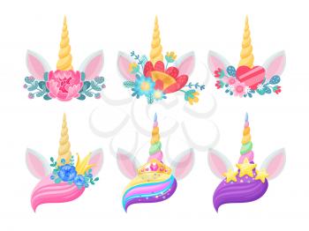 Unicorn horn, ears and flowers isolated vector design of magic horse animal heads with twisted horns, gold crowns and stars, hearts, rainbow bangs and floral wreaths. Wedding or child party invitation