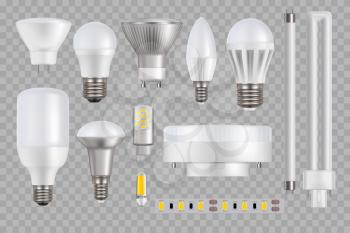 LED light bulb and lamp vector mockups on transparent background. 3d realistic light-emitted diode lightbulbs, tubes, stripe or ribbon, household electrical power device design