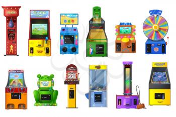 Game machines vector set of arcade video, casino slot, claw crane and wheel of fortune. Basketball, duck hunt, racer, strength tester coin operated machines with pixel screens, buttons and joysticks