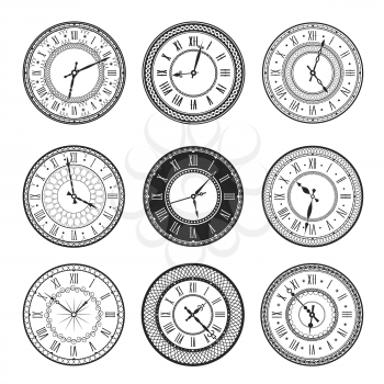 Vintage clock face isolated vector icons of antique watches with black and white round dials. Wall timepieces with roman numerals, ornate clock hands and geometric ornaments, time measurement device
