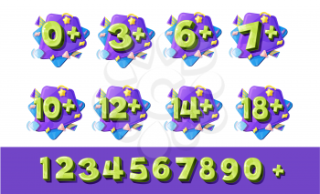Age restriction numbers, vector signs from zero to nine. Cartoon digits three, six, seven or ten, twelve, fourteen and eighteen plus, isolated symbols for baby or teens restricted content prohibition