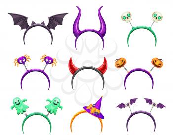 Halloween creepy headband with horns and monster. Head hoop with devil horns, bat wings and spider, hair band with scull, ghost and pumpkin, witch hat, flying eye cartoon vector. Party costume element