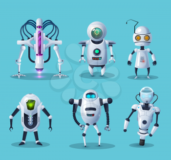 Alien robots, future technology androids cartoon characters set. Robotic life forms, futuristic machines or cyborgs workers with artificial intelligence, claws on hands and glowing neon eyes vector
