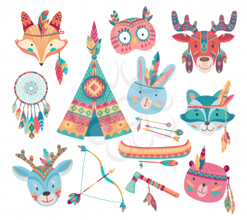 Cute native american or indian animal vector icons with tribal feather headdresses, arrows, dream catcher and tepee, bow, tomahawk, canoe. Baby bear, rabbit or bunny, fox, owl, racoon and deer faces