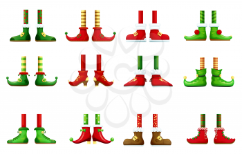 Feet and shoes of leprechaun and Christmas elf vector set. Cartoon Santa Claus, Xmas gnome, fairy and dwarf legs with red and green boots, colorful socks and striped stockings, fairy characters design