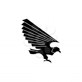 Hawk with long wings isolated eagle heraldry bird monochrome icon. Vector side view of falcon or hawk, bird with wings up, wildlife animal silhouette. Coat of arms and heraldry symbol, usa phoenix