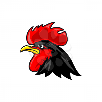 Rooster or chicken head isolated color icon. Vector angry gamecock profile view, face of cock. Vector domestic bird with cockscomb, black rooster cockerel, morning wake up alarm. Domestic animal