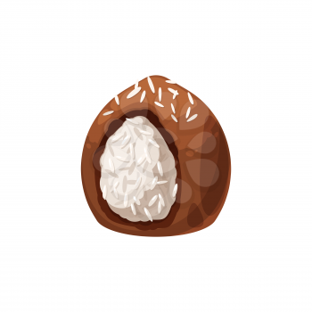 Coconut chocolate candy isolated sweet food. Vector tasty dessert, sweets with coco sprinkles, confectionery product in realistic design. Homemade chocolate treat with exotic nut filling