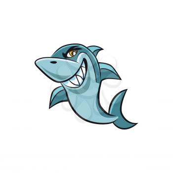 Angry toothed shark isolated cartoon character. Vector white toothy shark mascot. Carcharias or carcharodon predator, dangerous animal with jaws, giant marine creature, great shark mascot